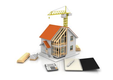 3D render illüstrasyon üstüne açık iç evi. Planları, belgeleri, vinç ve mortgage hesaplama.