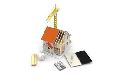 3D render illüstrasyon üstüne açık iç evi. Planları, belgeleri, vinç ve mortgage hesaplama.