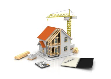 3D render illüstrasyon üstüne açık iç evi. Planları, belgeleri, vinç ve mortgage hesaplama.