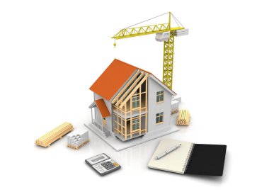 3D render illüstrasyon üstüne açık iç evi. Planları, belgeleri, vinç ve mortgage hesaplama.