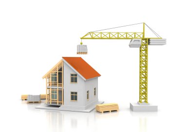 3D render illüstrasyon üstüne açık iç evi. Planları, belgeleri, vinç ve mortgage hesaplama.