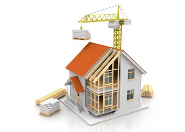 3D render illüstrasyon üstüne açık iç evi. Planları, belgeleri, vinç ve mortgage hesaplama.