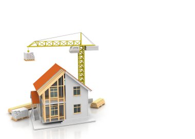 3D render illüstrasyon üstüne açık iç evi. Planları, belgeleri, vinç ve mortgage hesaplama.