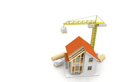 3D render illüstrasyon üstüne açık iç evi. Planları, belgeleri, vinç ve mortgage hesaplama.