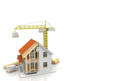 3D render illüstrasyon üstüne açık iç evi. Planları, belgeleri, vinç ve mortgage hesaplama.