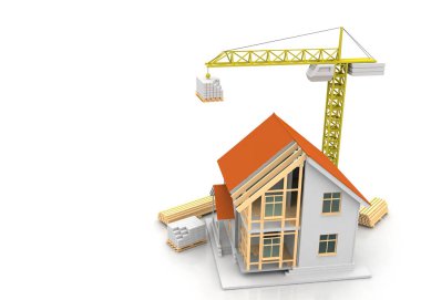 3D render illüstrasyon üstüne açık iç evi. Planları, belgeleri, vinç ve mortgage hesaplama.