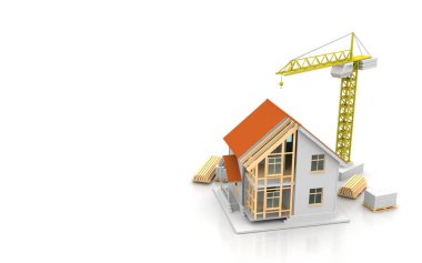 3D render illüstrasyon üstüne açık iç evi. Planları, belgeleri, vinç ve mortgage hesaplama.