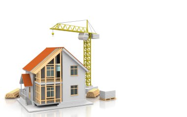 3D render illüstrasyon üstüne açık iç evi. Planları, belgeleri, vinç ve mortgage hesaplama.