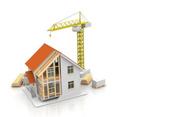 3D render illüstrasyon üstüne açık iç evi. Planları, belgeleri, vinç ve mortgage hesaplama.