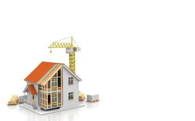 3D render illüstrasyon üstüne açık iç evi. Planları, belgeleri, vinç ve mortgage hesaplama.