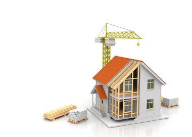 3D render illüstrasyon üstüne açık iç evi. Planları, belgeleri, vinç ve mortgage hesaplama.