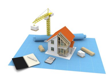 3D render illüstrasyon üstüne açık iç evi. Planları, belgeleri, vinç ve mortgage hesaplama.