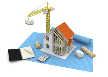 3D render illüstrasyon üstüne açık iç evi. Planları, belgeleri, vinç ve mortgage hesaplama.