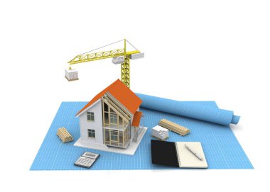 3D render illüstrasyon üstüne açık iç evi. Planları, belgeleri, vinç ve mortgage hesaplama.