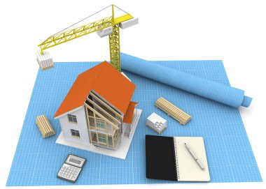 3D render illüstrasyon üstüne açık iç evi. Planları, belgeleri, vinç ve mortgage hesaplama.