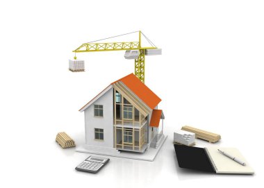 3D render illüstrasyon üstüne açık iç evi. Planları, belgeleri, vinç ve mortgage hesaplama.