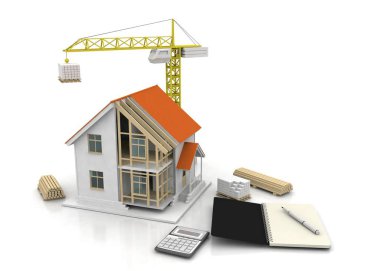 3D render illüstrasyon üstüne açık iç evi. Planları, belgeleri, vinç ve mortgage hesaplama.