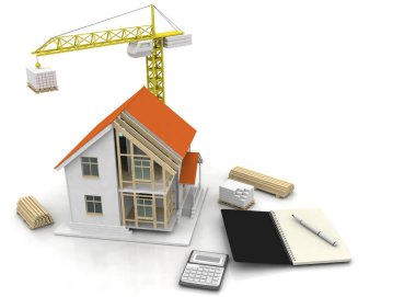 3D render illüstrasyon üstüne açık iç evi. Planları, belgeleri, vinç ve mortgage hesaplama.