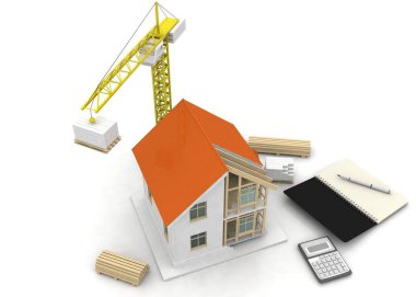 3D render illüstrasyon üstüne açık iç evi. Planları, belgeleri, vinç ve mortgage hesaplama.