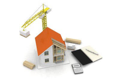 3D render illüstrasyon üstüne açık iç evi. Planları, belgeleri, vinç ve mortgage hesaplama.