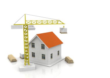 3D render illüstrasyon üstüne açık iç evi. Planları, belgeleri, vinç ve mortgage hesaplama.