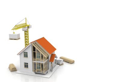 3D render illüstrasyon üstüne açık iç evi. Planları, belgeleri, vinç ve mortgage hesaplama.