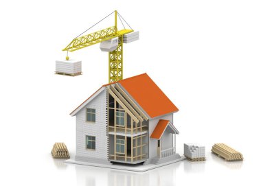 3D render illüstrasyon üstüne açık iç evi. Planları, belgeleri, vinç ve mortgage hesaplama.