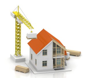 3D render illüstrasyon üstüne açık iç evi. Planları, belgeleri, vinç ve mortgage hesaplama.