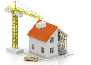 3D render illüstrasyon üstüne açık iç evi. Planları, belgeleri, vinç ve mortgage hesaplama.