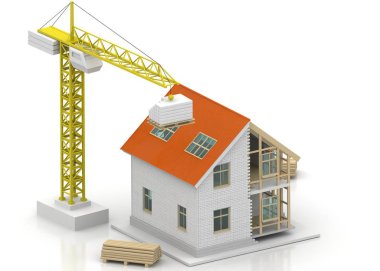 3D render illüstrasyon üstüne açık iç evi. Planları, belgeleri, vinç ve mortgage hesaplama.