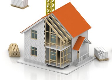 3D render illüstrasyon üstüne açık iç evi. Planları, belgeleri, vinç ve mortgage hesaplama.