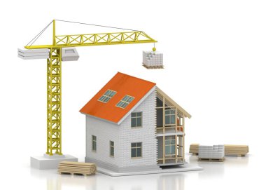 3D render illüstrasyon üstüne açık iç evi. Planları, belgeleri, vinç ve mortgage hesaplama.