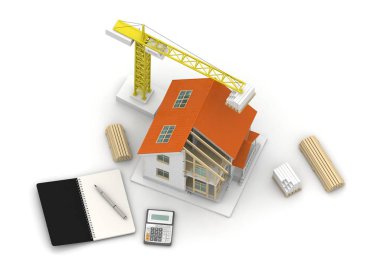 3D render illüstrasyon üstüne açık iç evi. Planları, belgeleri, vinç ve mortgage hesaplama.