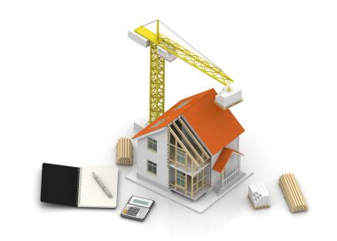 3D render illüstrasyon üstüne açık iç evi. Planları, belgeleri, vinç ve mortgage hesaplama.