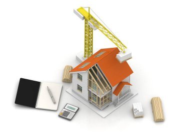 3D render illüstrasyon üstüne açık iç evi. Planları, belgeleri, vinç ve mortgage hesaplama.