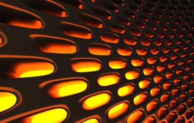 Metal kafes grild. 3D render arka planda yüksek çözünürlüklü soyut. turuncu ışık ile siyah karbon kılavuzunun 3D render.