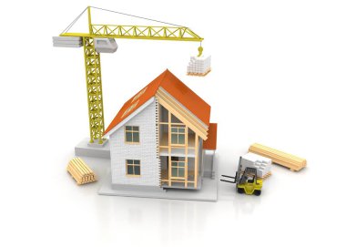 3D render illüstrasyon üstüne açık iç evi. Planları, belgeleri, vinç ve mortgage hesaplama.