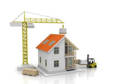 3D render illüstrasyon üstüne açık iç evi. Planları, belgeleri, vinç ve mortgage hesaplama.