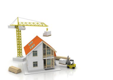 3D render illüstrasyon üstüne açık iç evi. Planları, belgeleri, vinç ve mortgage hesaplama.