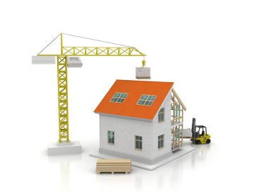 3D render illüstrasyon üstüne açık iç evi. Planları, belgeleri, vinç ve mortgage hesaplama.