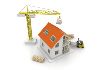 3D render illüstrasyon üstüne açık iç evi. Planları, belgeleri, vinç ve mortgage hesaplama.