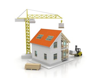 3D render illüstrasyon üstüne açık iç evi. Planları, belgeleri, vinç ve mortgage hesaplama.