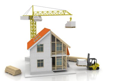 3D render illüstrasyon üstüne açık iç evi. Planları, belgeleri, vinç ve mortgage hesaplama.