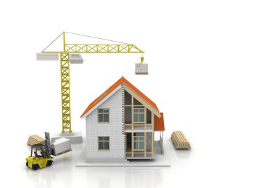 3D render illüstrasyon üstüne açık iç evi. Planları, belgeleri, vinç ve mortgage hesaplama.