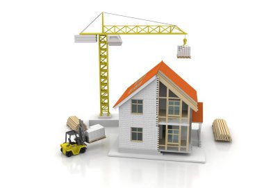 3D render illüstrasyon üstüne açık iç evi. Planları, belgeleri, vinç ve mortgage hesaplama.