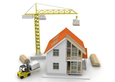 3D render illüstrasyon üstüne açık iç evi. Planları, belgeleri, vinç ve mortgage hesaplama.