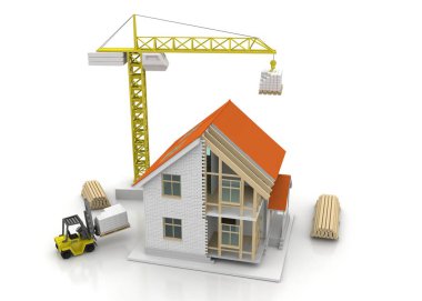 3D render illüstrasyon üstüne açık iç evi. Planları, belgeleri, vinç ve mortgage hesaplama.