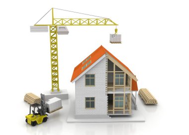 3D render illüstrasyon üstüne açık iç evi. Planları, belgeleri, vinç ve mortgage hesaplama.