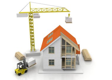 3D render illüstrasyon üstüne açık iç evi. Planları, belgeleri, vinç ve mortgage hesaplama.