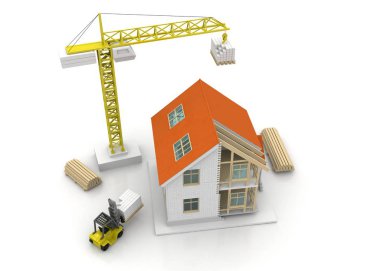 3D render illüstrasyon üstüne açık iç evi. Planları, belgeleri, vinç ve mortgage hesaplama.